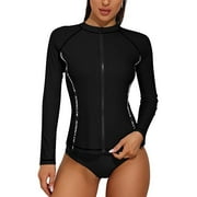 Women's UPF 50+ Zipper Rash Guard, Water Surfing Long Sleeve Swimsuit, UV/Sun Protection Swim Shirts Wetsuit Top